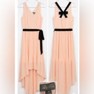 Pink Chiffon Pleated Maxi Dress with Black Sash